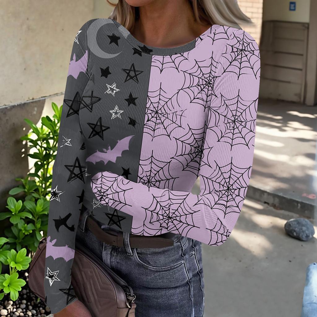 Women's Casual Ribbed Long Sleeve Top Halloween Print Round Neck Slim Fit Stretchy Knit Shirt for Fall Seasonal Wear