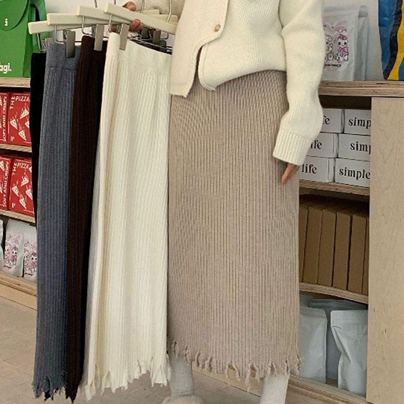 Thickened High Waisted Knitted Skirt for Women In Winter Slim and Medium Long Straight Leg Skirt