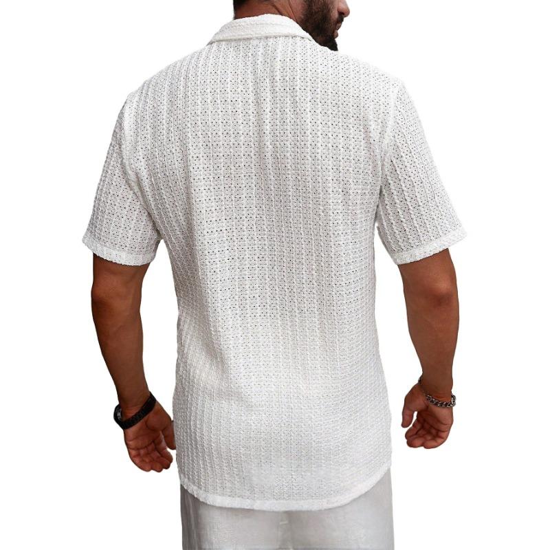 Men Hollow Knit Textured Cuban Collar Button Down Short Sleeve Casual Beach Vacation Shirt