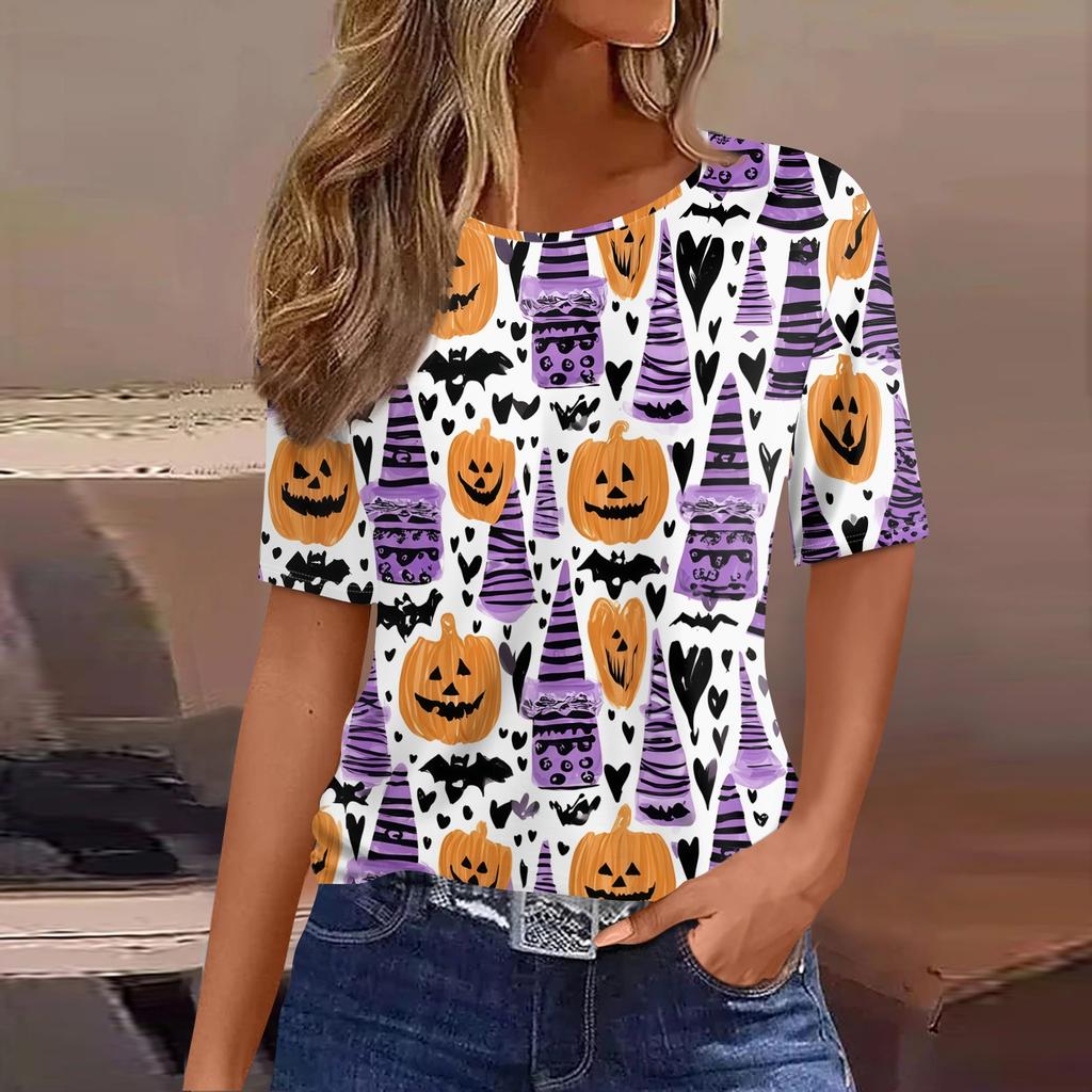 Women's Short Sleeve Halloween and Pumpkin Print T-Shirt, Casual Round Neck Pullover Top for Women