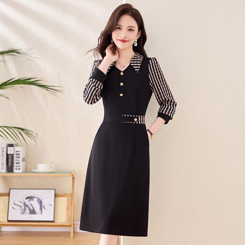 Vestido de Cuadros Primavera 2025: Elegante cuello vuelto para mujer, talla grande, diseño patchwork que estiliza la cintura (LX256)