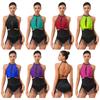 Women Backless Bodysuit Allover Rhinestones Design Tassel Skirt Contrast Color Latin Jazz Dance Leotard