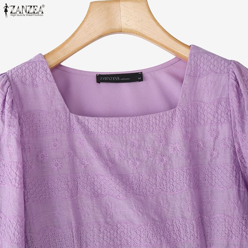 ZANZEA Women Casual Square Collar Summer 3/4 Sleeve Patchwork Blouse