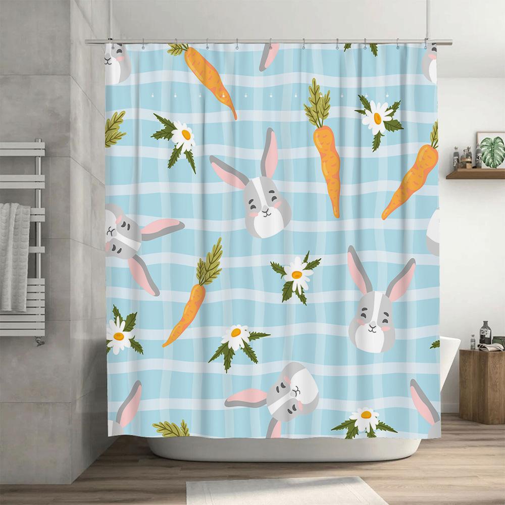 Cute Rabbit Carrot Shower Curtain Set For Bathroom Decor Blue Plaid Fabric Print