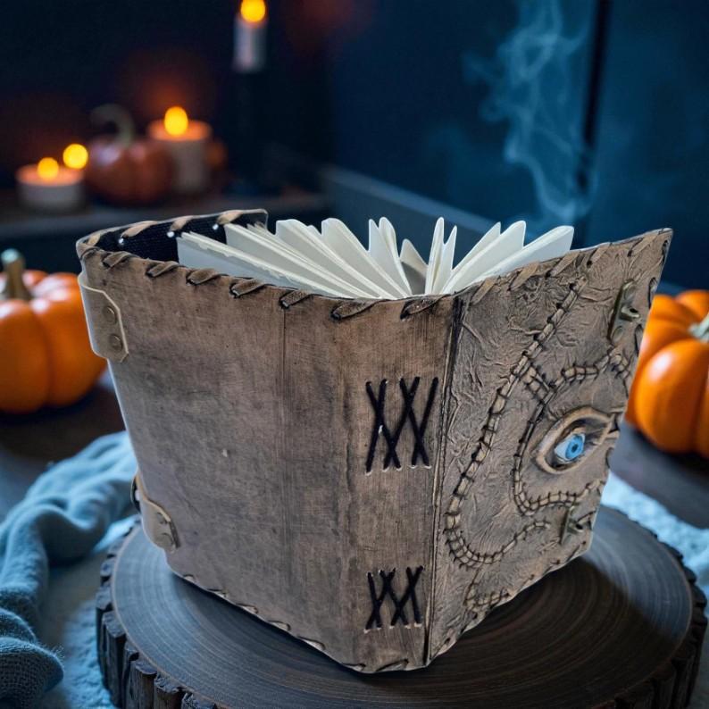 Handmade Leather Spellbook Journal with Evil Eye Design | 5x7” Deckle Edge Paper | 200 Pages | Vintage Horror Grimoire Notebook