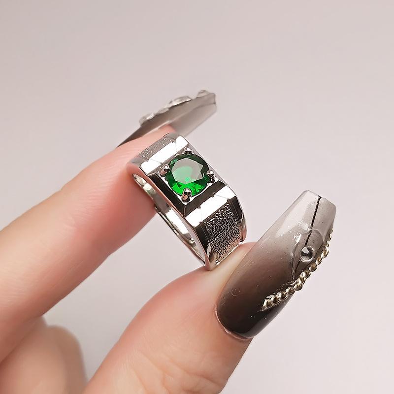 Domineering Men'S Matte Emerald Tourmaline Ring, Platinum-Plated Imitation Opening Adjustable Blue Diamond Zircon Men'S Ring.