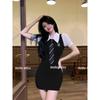 College Style Fake Two-piece Short-sleeved Dress Women's Summer Splicing Spice Girl Polo Collar Slim-fitting Waist-wrapped Hip Short Skirt