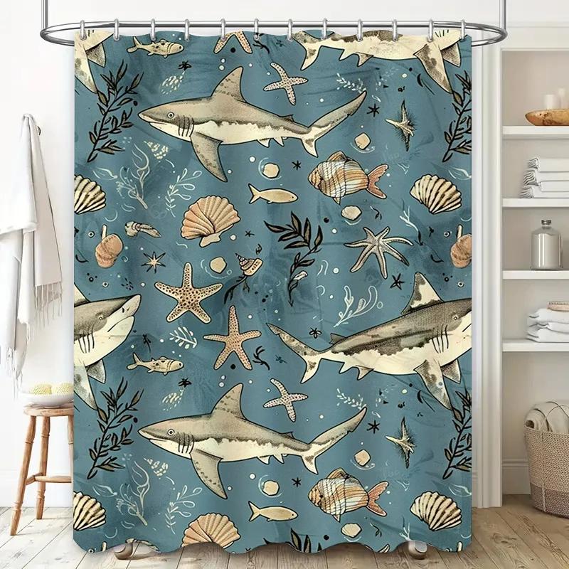 Modern Blue Sea Life Bath Shower Curtain Decorative Sharks Marine Life Print for Bathroom Water Resistant Fabric Various