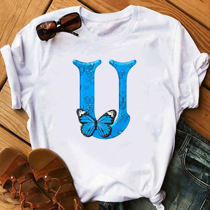 26 English Letters Butterfly Print T-shirts Name Letter Printed Top Fashionable Casual Round Neck Short Sleeved Women's Pure Cotton T-shirts