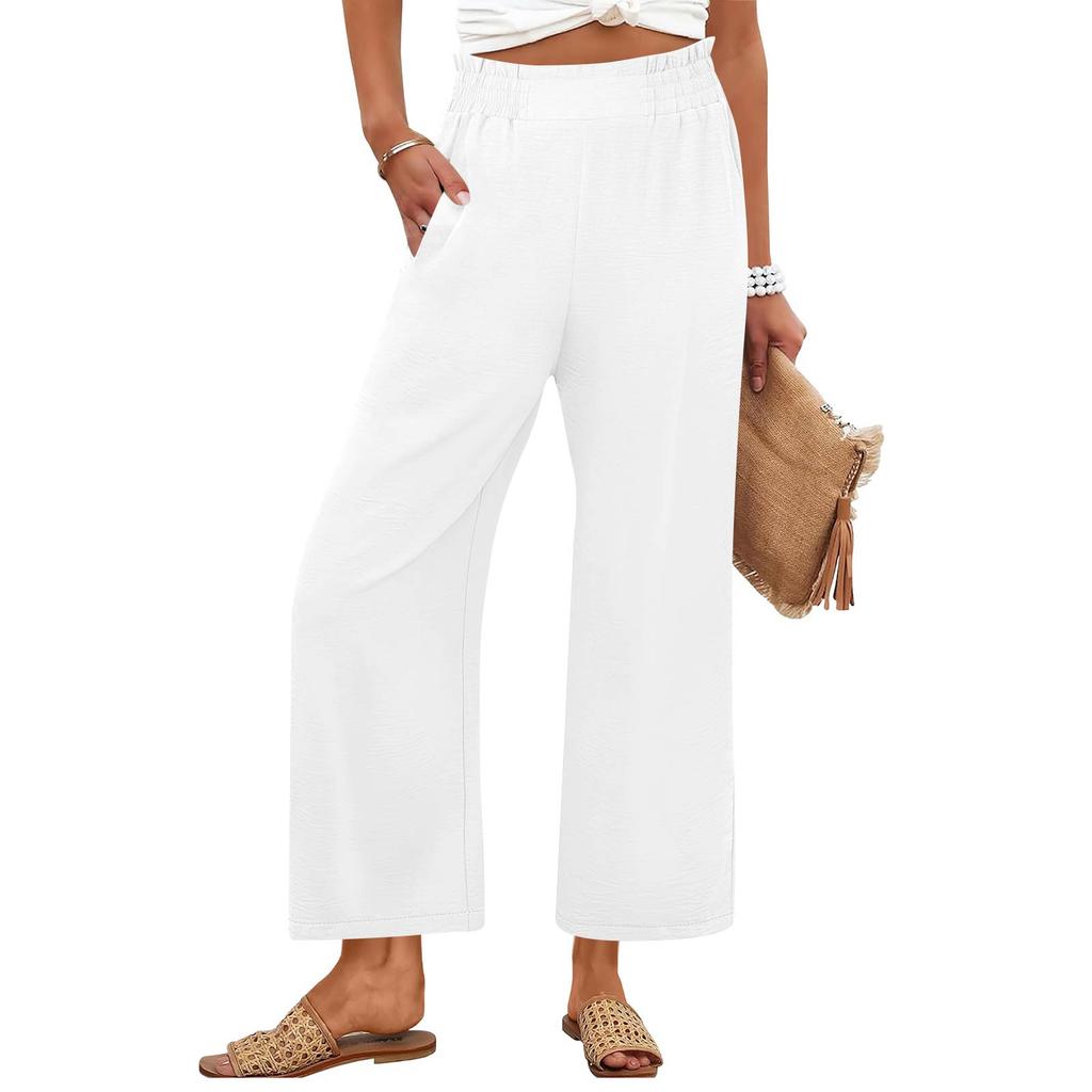 Women's Fashion -Colour Elasticated High-Waisted Cropped Trousers With Pockets