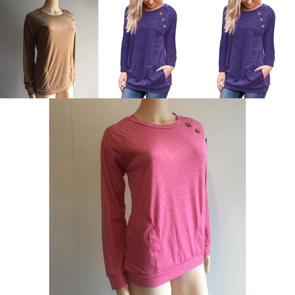 Stylish Women's Pullover Long Sleeve Solid Button Sweatshirt Top For Casual Wear