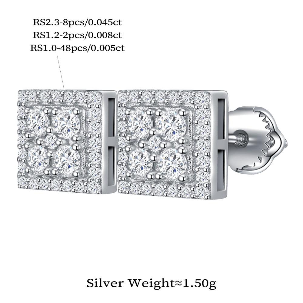 Moissanit Prawdziwe Męskie Prawdziwe Srebro Próby 925 Iced Hip Hop Kwadratowe Kolczyki