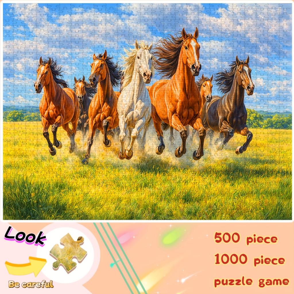 500/1000pcs Handcrafted Puzzle | Portable, Scratch Resistant Cardboard Puzzle Featuring Running Horses, Grassland, And Blue Sky With White Clouds | Id