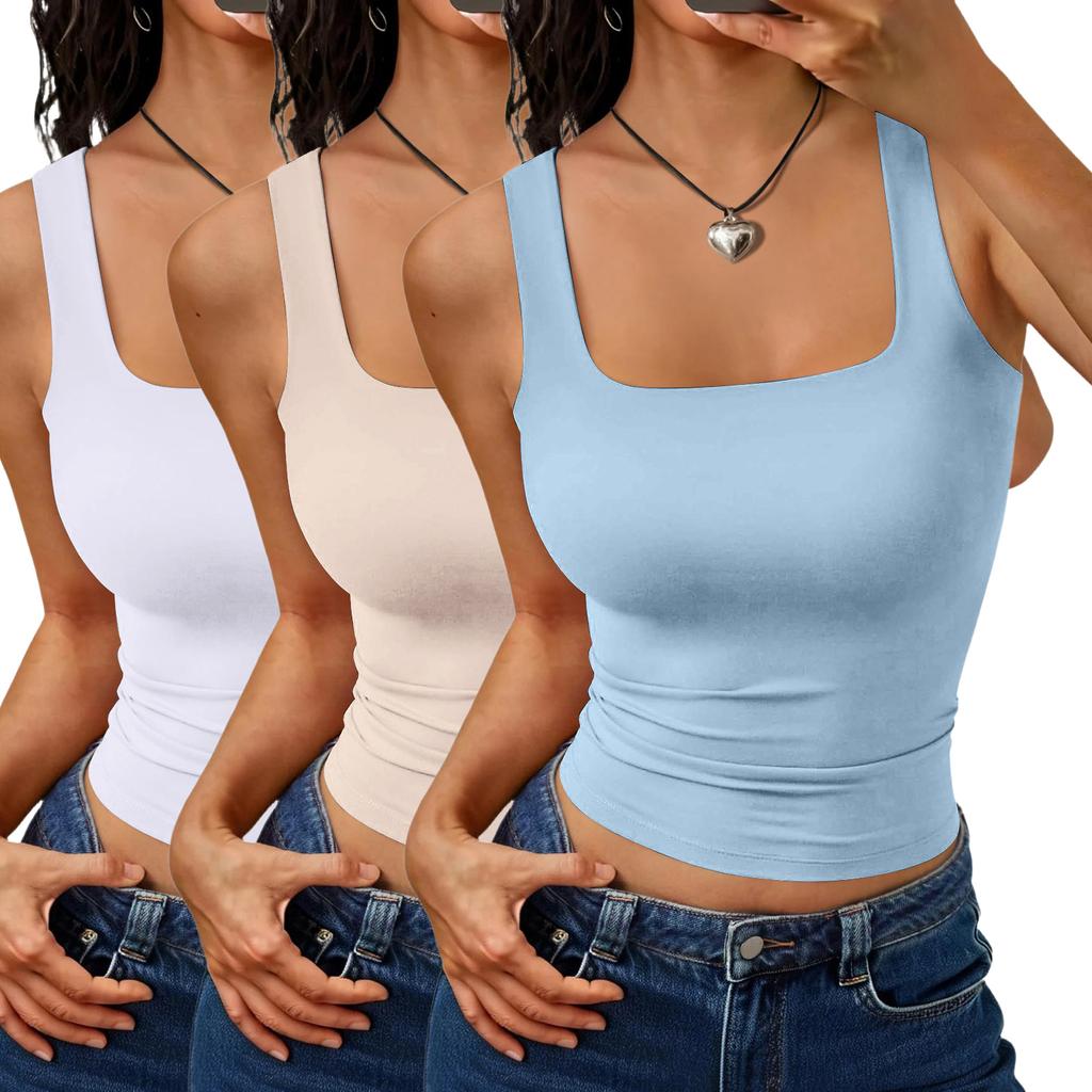 Women's Fashion Basic Sleeveless Tank Top Square Neck Stretch Slim Fit Casual Summer Layering Shirt