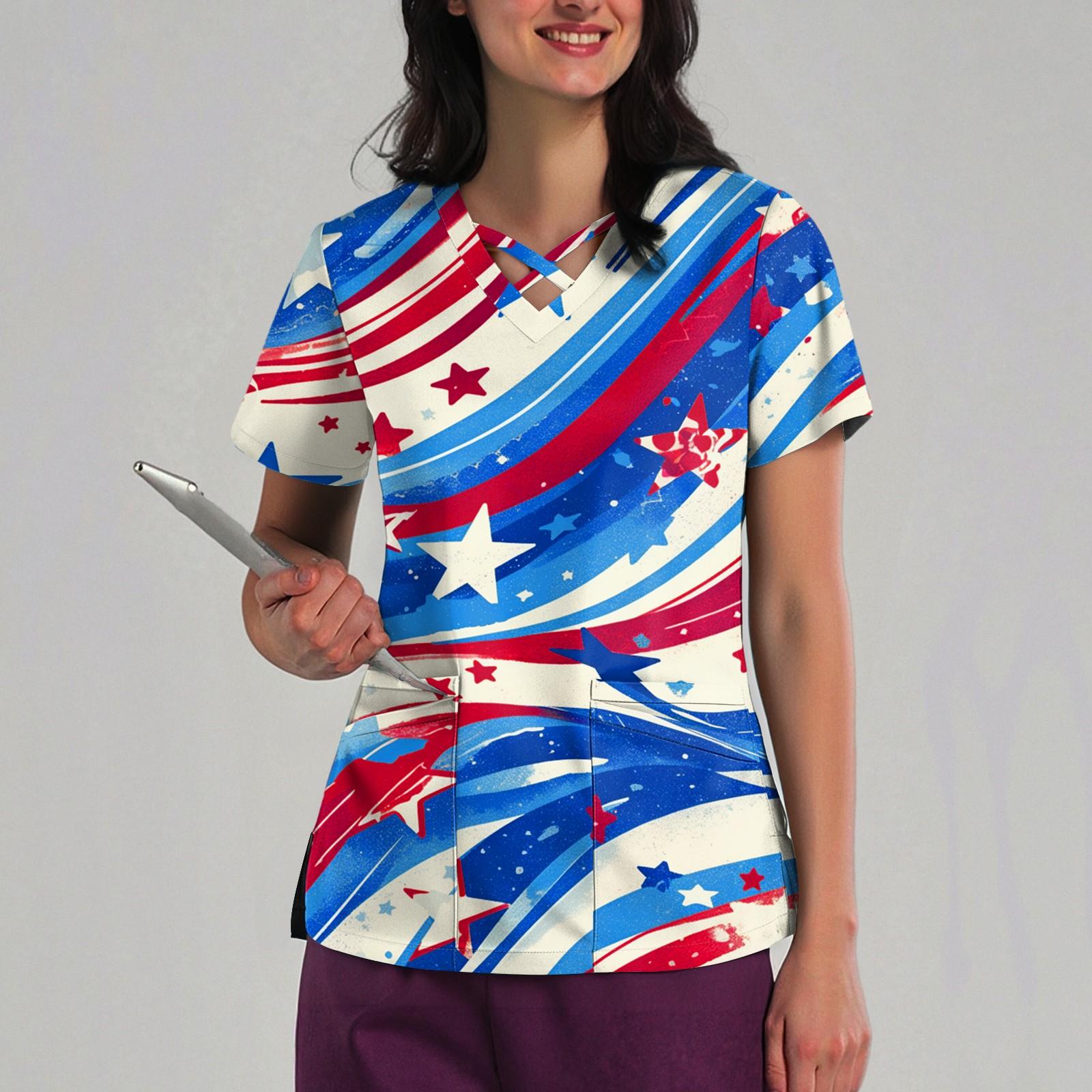 Women s Loose Independence Day Printed Top Short Sleeve T-shirt Pullover L синий