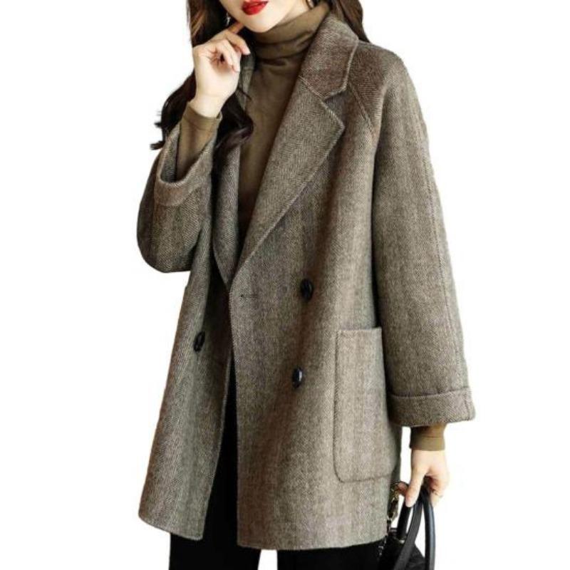 Herbst Winter Frauen Mittellange Wolljacke Umlegekragen Zweireihiger Strickjacke Mantel Mode Einfarbig Warmer Mantel Elegante Damen Outwear