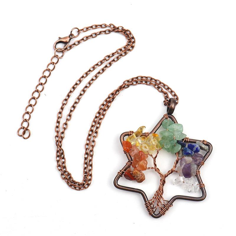 Handmade Wire Wrapped Six-Pointed Star Tree of Life Necklace with Natural Crushed Stone Crystal Beads