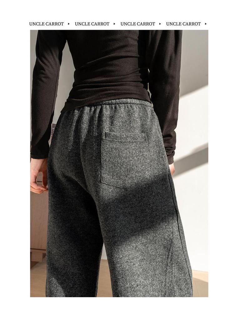 Women's Autumn/Winter 2025 Woolen Flannel Fleece-Lined Pants - Petite, Lazy, Thickened, Wide-Leg, Curved Leg Design.