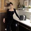 French Royal Sister Hepburn Black Dress Women's Autumn Velvet Small Black Dress Advanced Sense Slim Little Mom Hip Wrap Long Dress