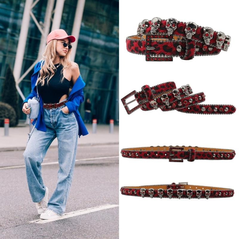Trendy Waist Belt Studded Rhinestones Crystal for Street Dance Rivets Belt Livehouse Punk Waist Chain Skull Buckle