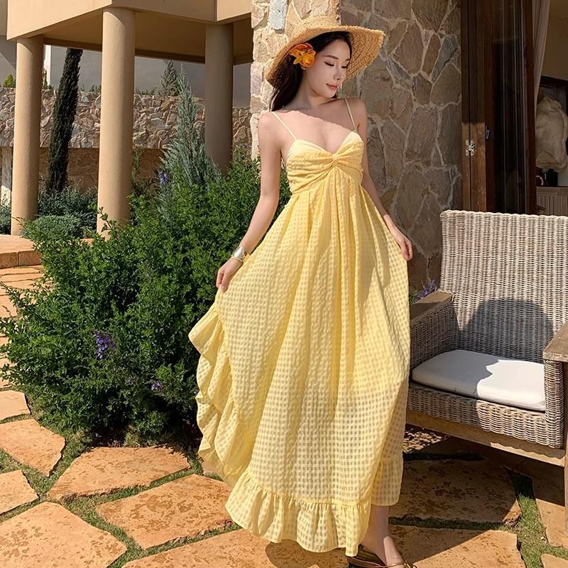New summer light yellow plaid holiday style backless dress, dopamine island beach neck dress