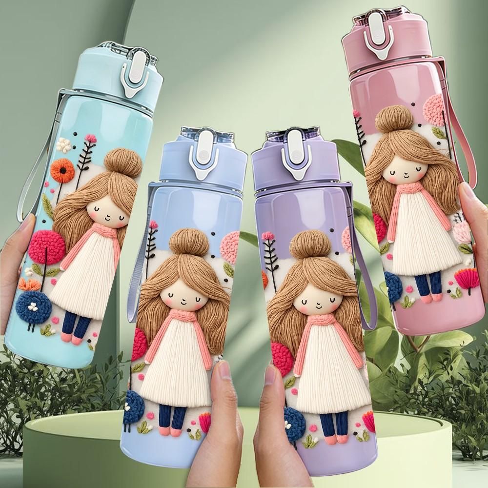 1PC Cute Standing Vintage Doll Art Print 750ml Color Plastic Sports Water Bottle Leakproof Flip Straw Lid Suitable for Sports Office Home Use