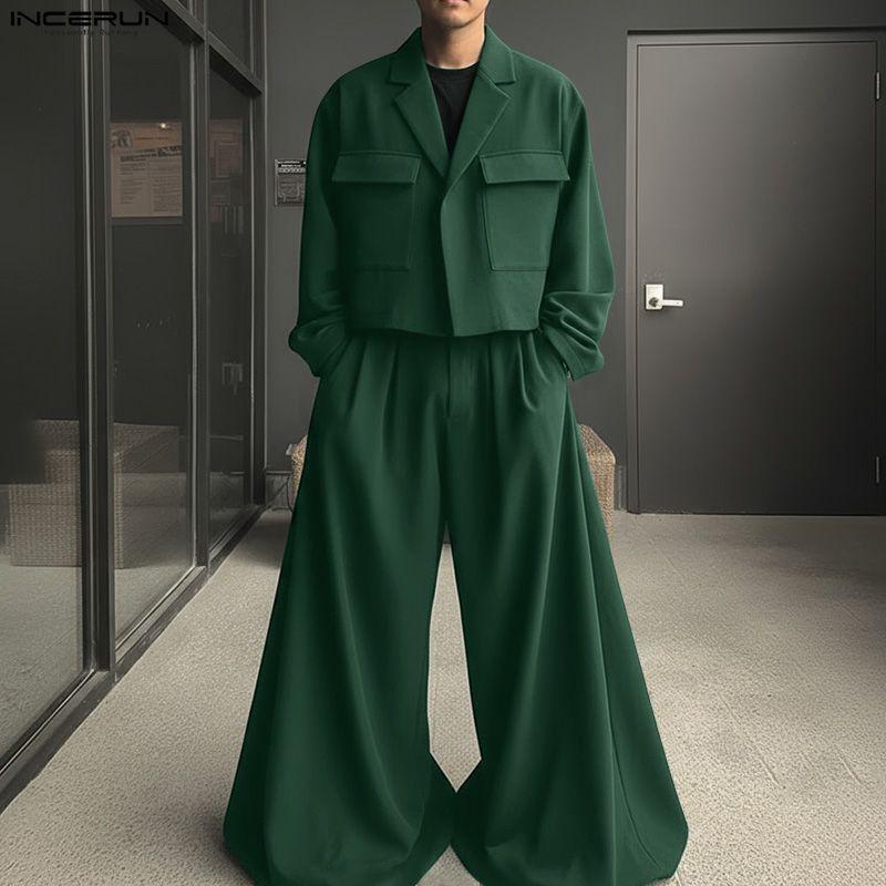 Sleeve Incerun Outfits Long Men Cropped Blazer And Long Wide Legs Pants Casual 2pcs Sets