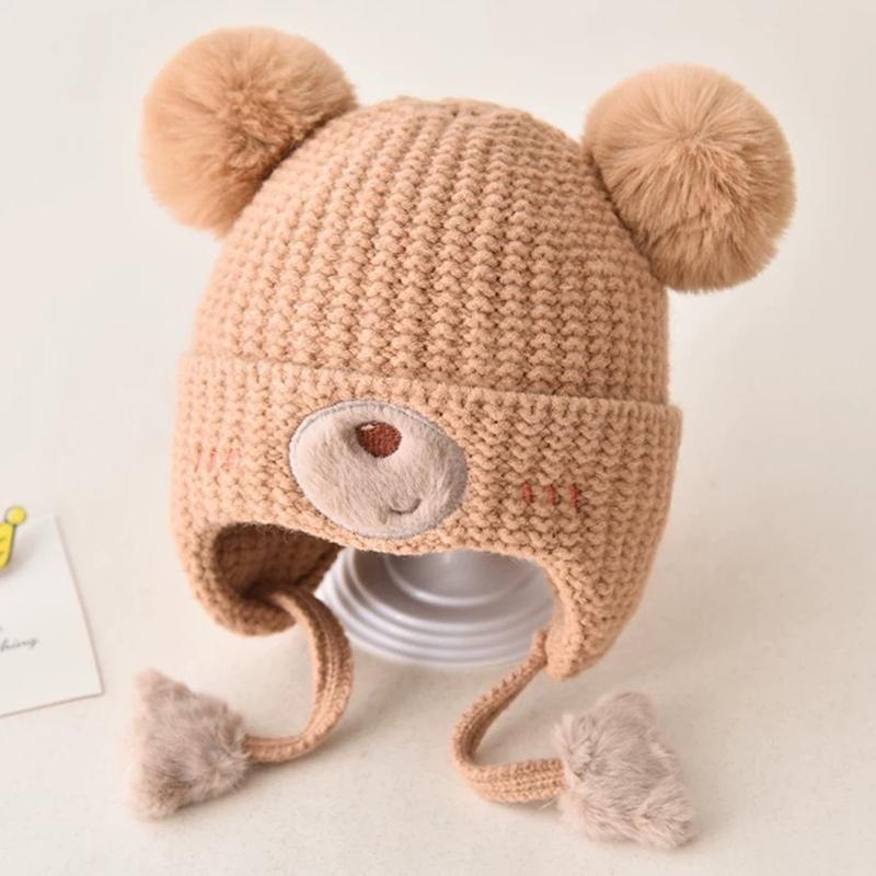 Baby Wool Hat For Boy Girls Cute Bear Ear Protection Hat Children Winter Thickened Warm Knitted Korean Cute Pompom Baby Hat