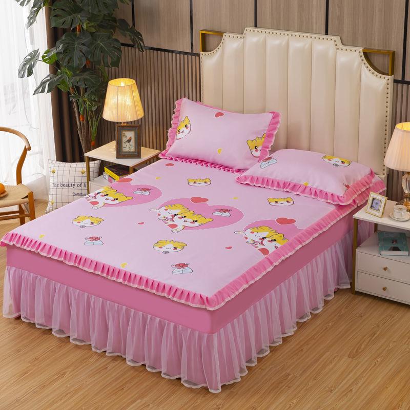 Summer Bed Skirt Ice Silk Summer Mat Water Machine Washable Folding Bed Cover Single Double Air Conditioning Soft Mat Three-Piece Set