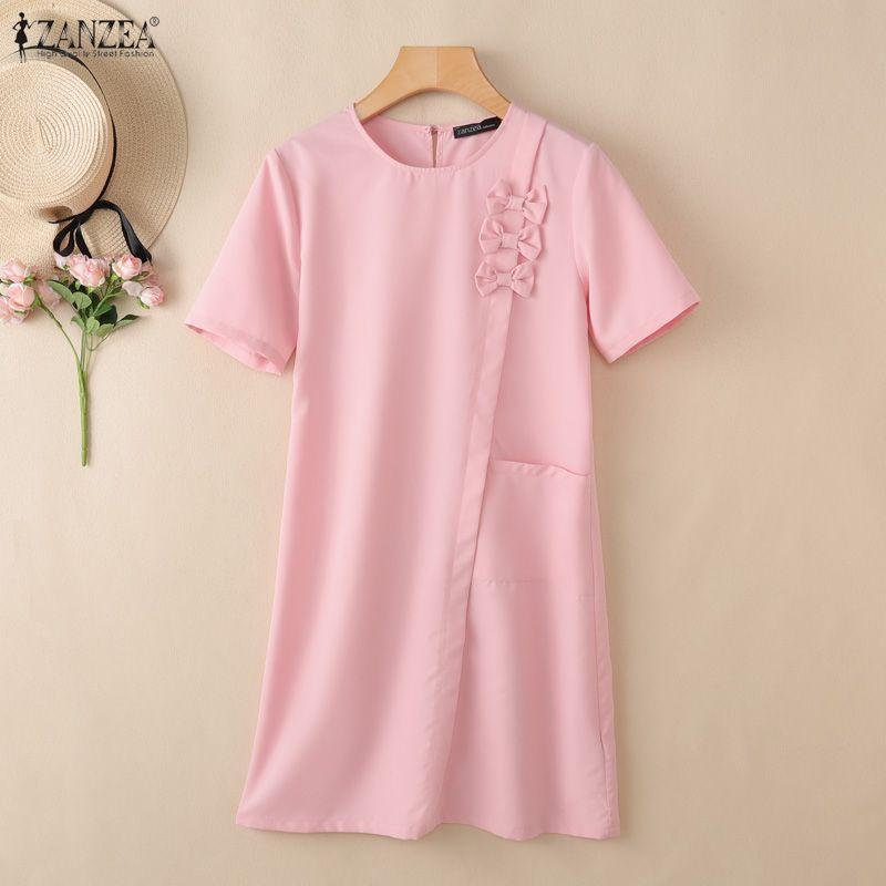 ZANZEA Women Bows Splice Summer Casual Round Neck Short Sleeve Dress