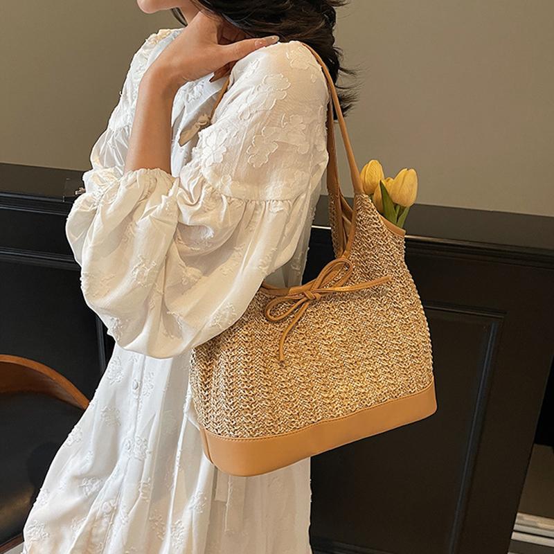 Women Straw Tote Handbag with Bow Weaving Travel Handbag Large Capacity Simple Shoulder Bag Female Woven Bag