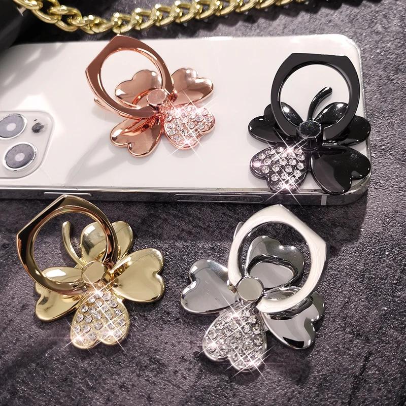 Vierblättriges Kleeblatt Telefon Fingerring Halter Für iPhone Redmi Samsung Kristall Metall Griff Drehung Handy Ständer Halterung