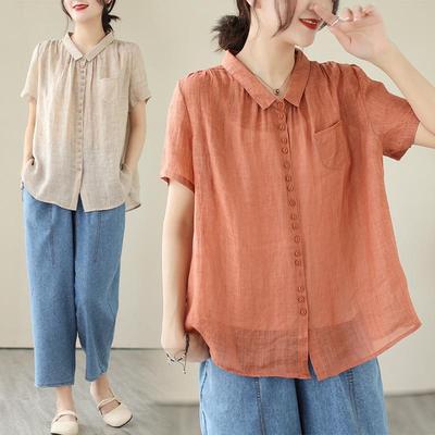 Korean Retro Plus Size Two-Piece Set: Casual Cotton & Linen Top + Jeans for Women Summer Wear