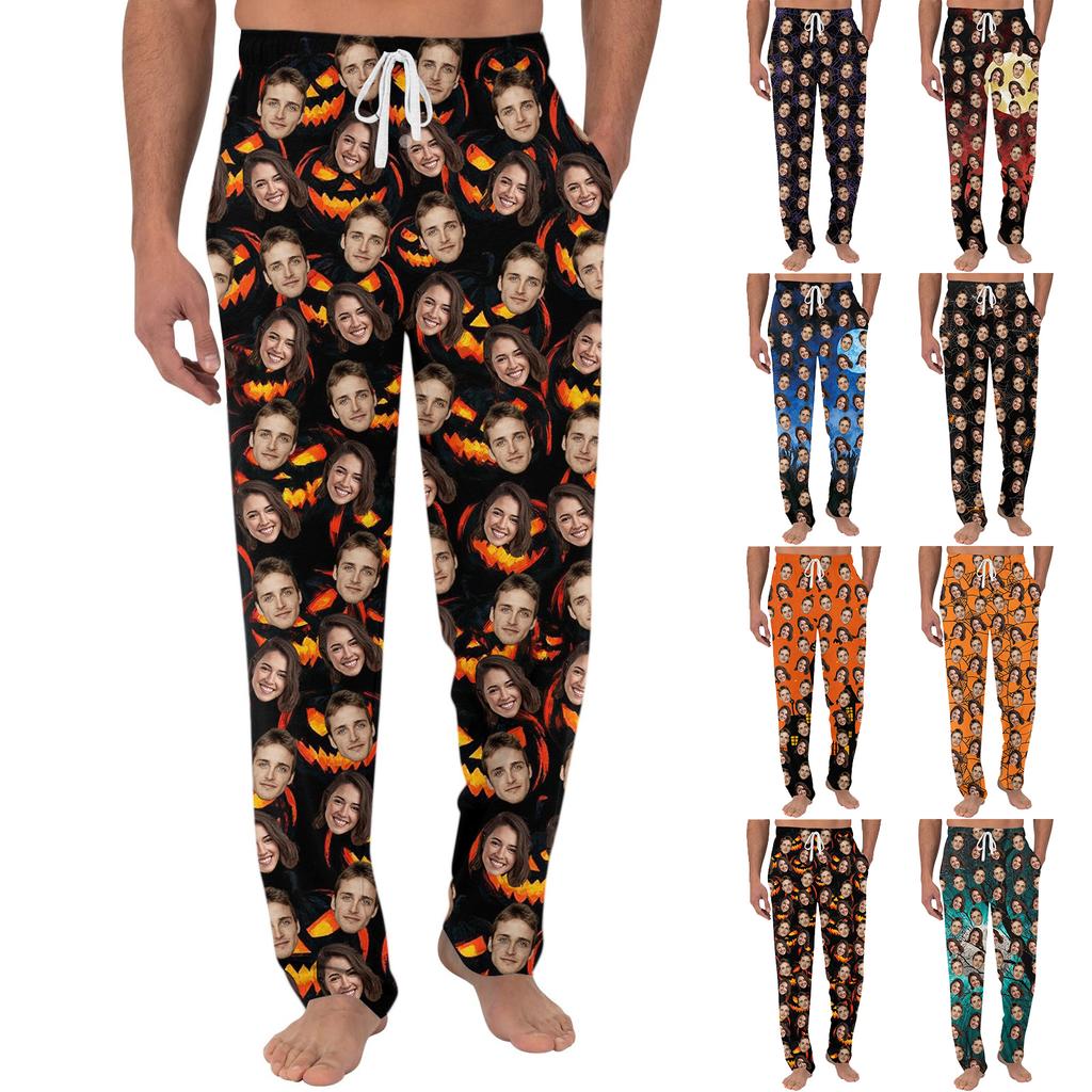 Men's Pajama Pants with Pockets Halloween Print Casual Long Pants for Home Relaxation