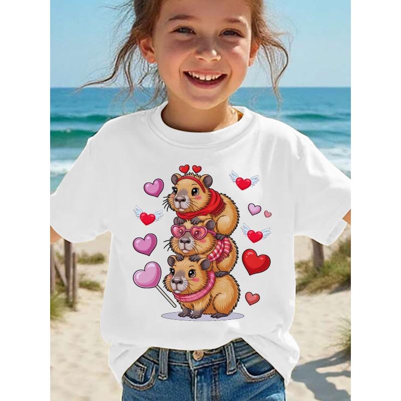 Girls Summer Short Sleeve T-Shirt, Cute Three Stacked Capybara With Heart Balloon Print 110 белый
