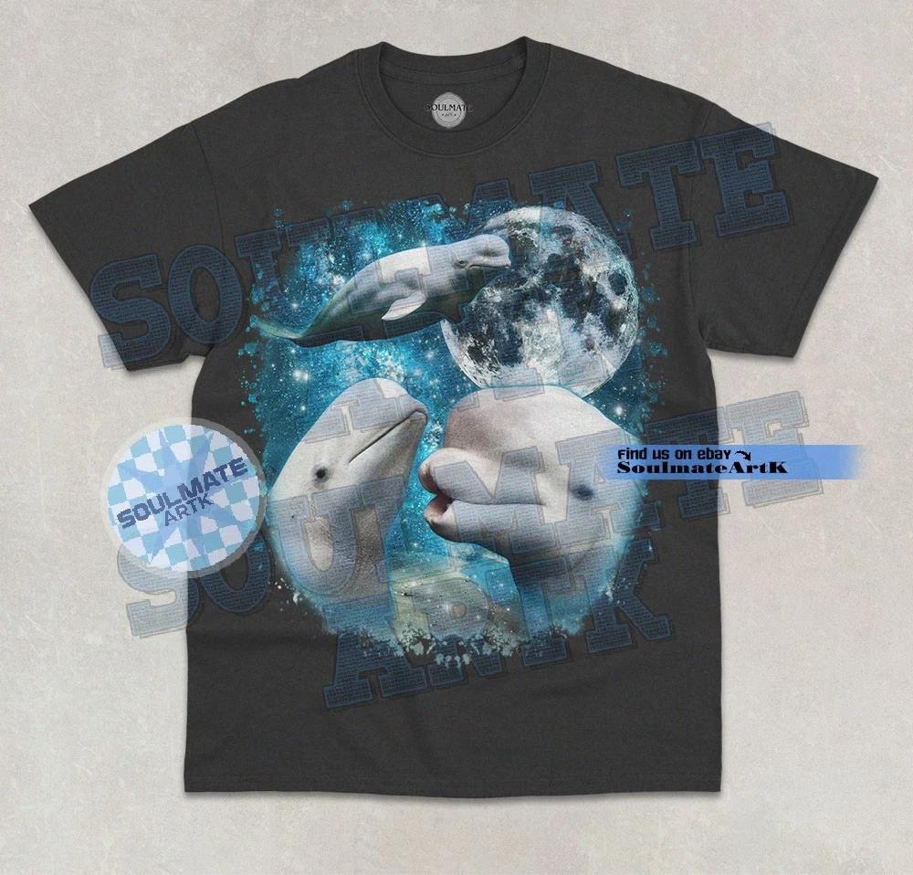 Three Beluga Whale Moon T- Shirt Funny Cute Whale Ocean Life Graphic Unisex Shirt 3XL