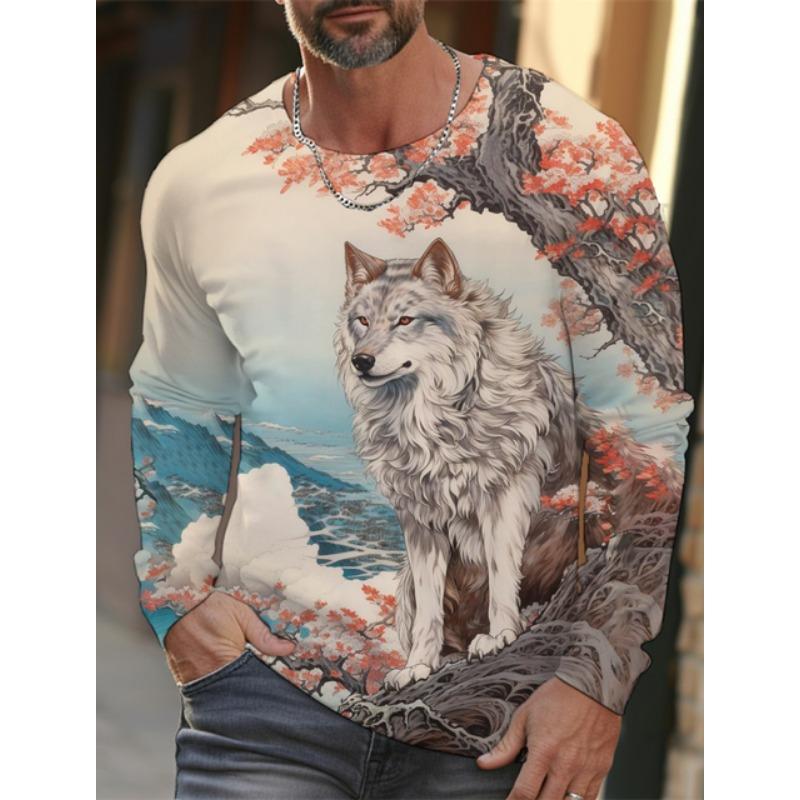 Tricou cu mânecă lungă Ukiyoe pentru bărbați 2024, tricou cu mânecă lungă, imprimat 3d, cu imprimeu de lup de înaltă definiție, pentru bărbați, top casual, cu gât rotund