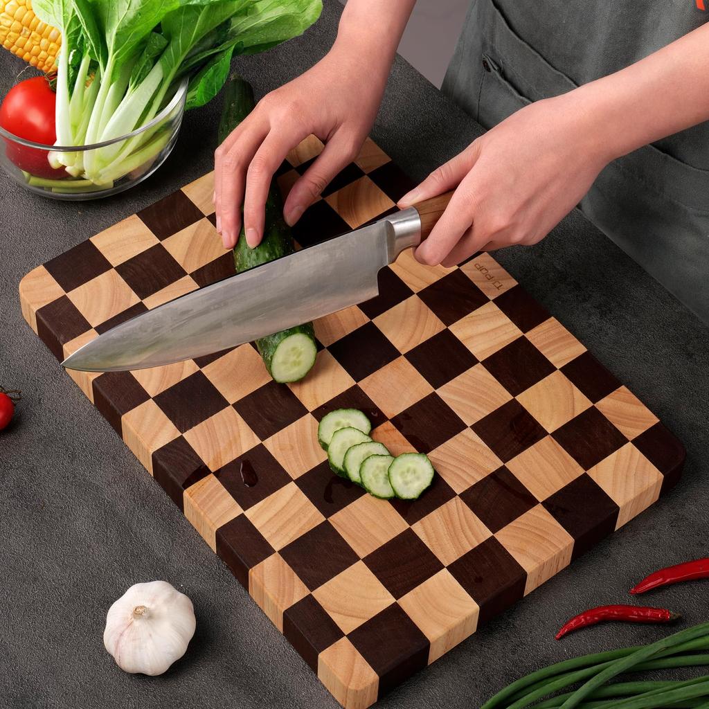 TJ POP Cutting Board Endgrain Rubberwood Combination Natural Wood Marquetry Checkerboard Pattern High Resistant Lacquer Finish Hygienic Vertical Fiber