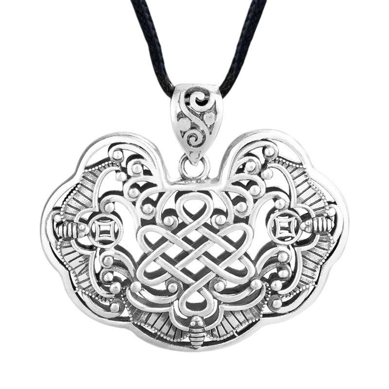 Sterling Silver Bat & Longevity Lock Pendant Necklace for Men & Women - Retro Sweater Chain Full Moon Gift