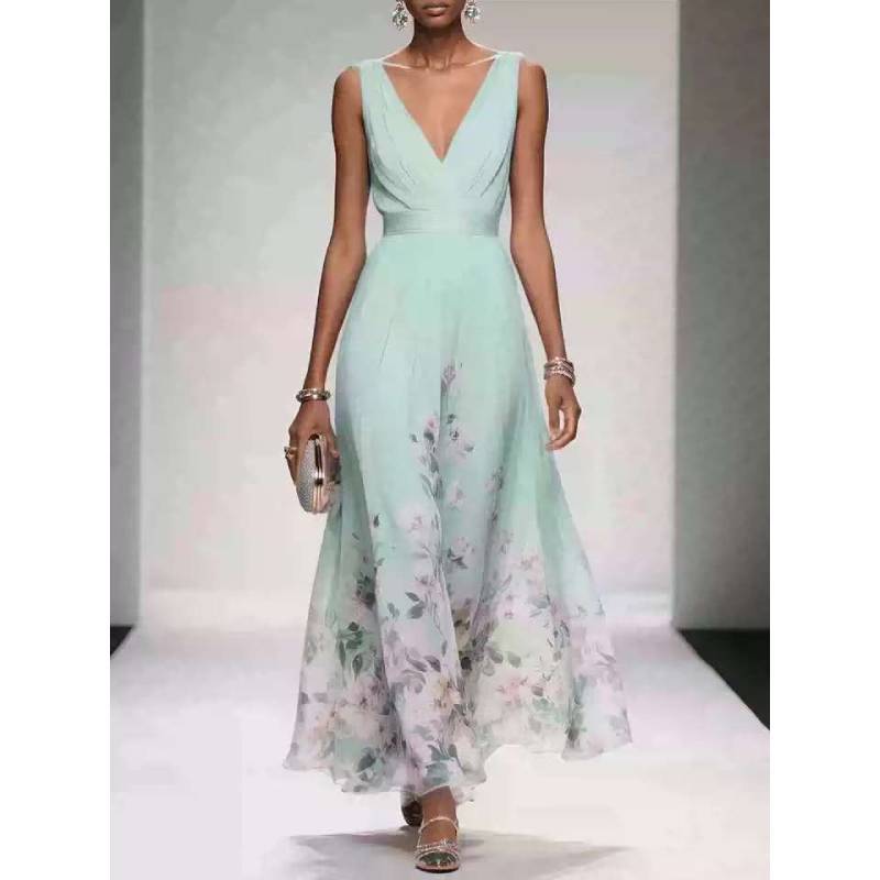 Summer Sexy V Neck Floral Chiffon Dress With Tie Waist For Casual And Party Wear