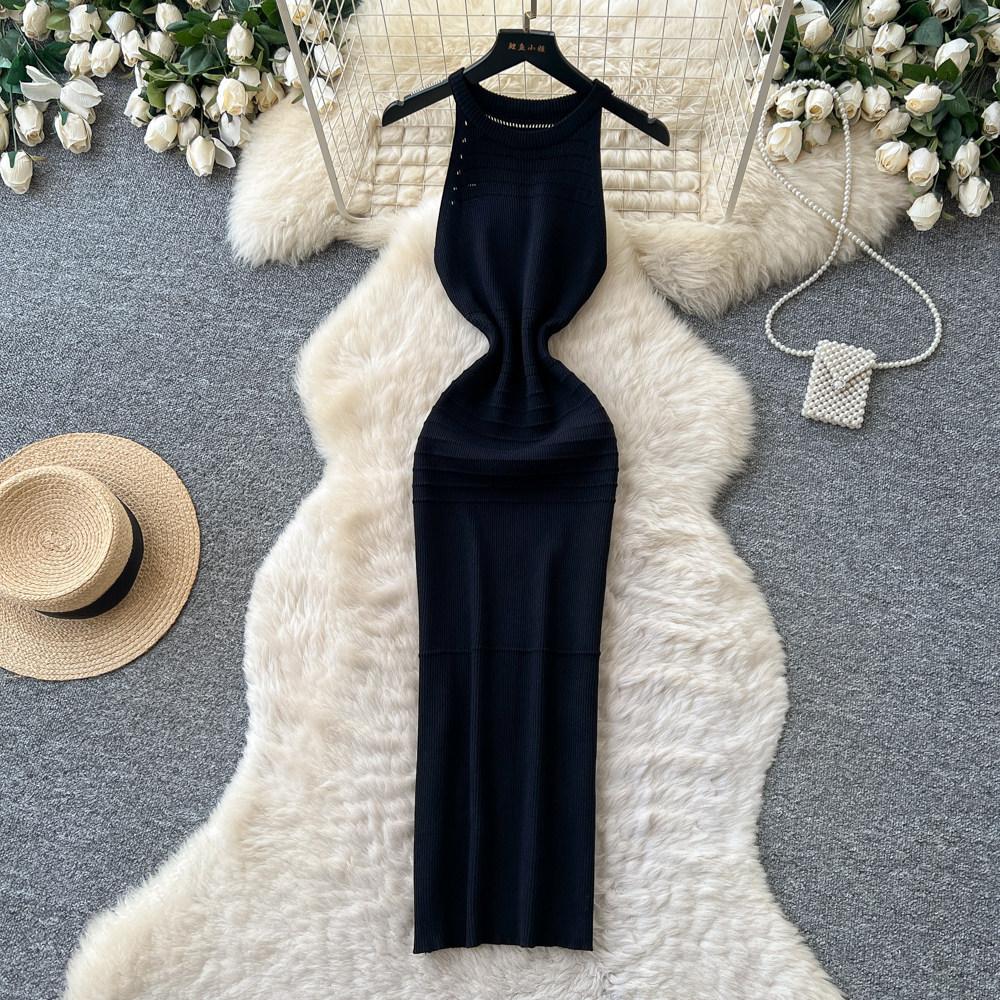 Sleeveless knitted temperament dress women's summer high waist slim figure A-shaped skirt commuter versatile vest skirt