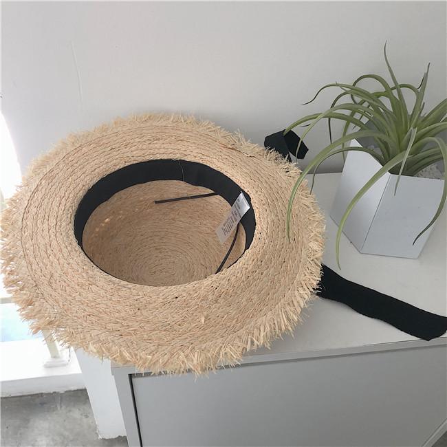 Broken edge bow strap straw hat children raffia flat top fresh seaside sunshade sun protection beach hat
