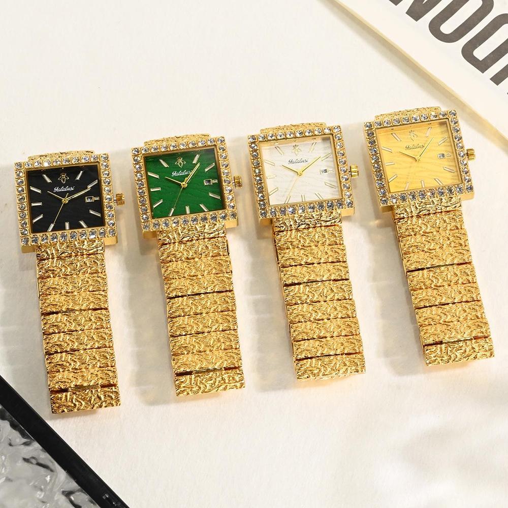 Luxury Square Quartz Watch Crystal Bezel Textured Dial Vintage Carved Metal Bracelet Waterproof Daily Dress Watch for Men Women Couple Matching Watch