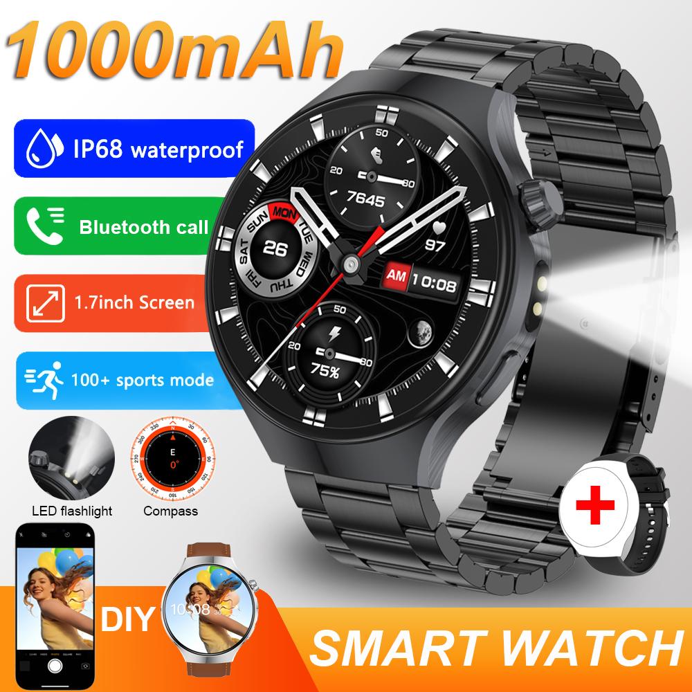 New 1000mAh battery Smart Watch 1.70" HD  Screen Flashlight GPS track Heart Rate BT Call Compass Smartwatch for Men