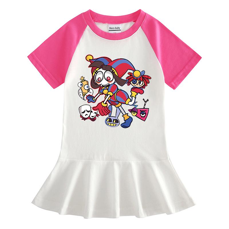2026 Summer Korean Style Short Sleeve Cartoon Girls' Dress with Pleated Skirt