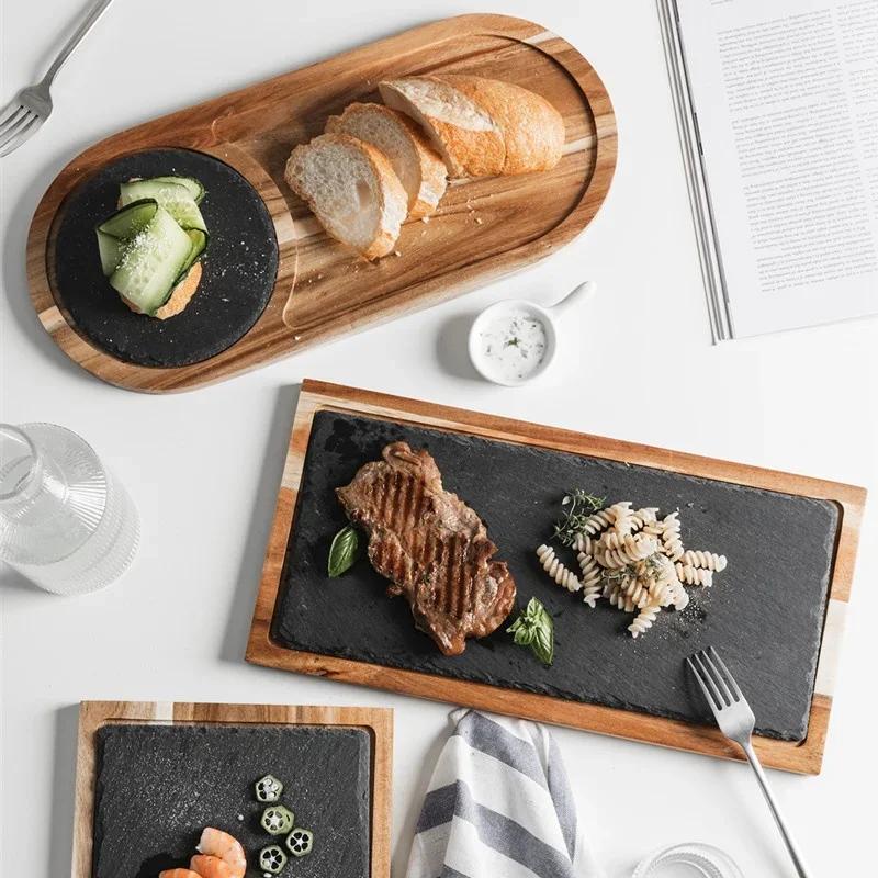 Prato de Lanche de Madeira Maciça Bandeja de Madeira Estilo Ocidental Cozinha Japonesa Prato de Pão de Ardósia Preta Prato de Madeira de Acácia