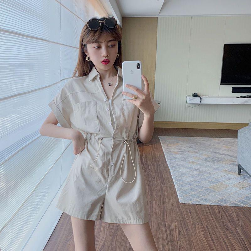 Retro Women’s Waist-Cinched Workwear Jumpsuit: 2026 Korean Style, Short-Sleeved, Loose Wide-Leg Shorts
