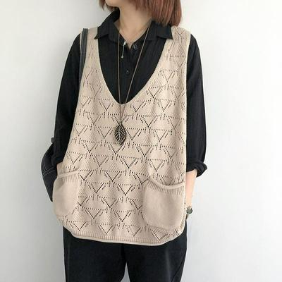 V-neck Rhombic Knitted Vest Women's Spring and Autumn Loose Outer Wear Hollow Sweater Vest Casual Sleeveless Vest