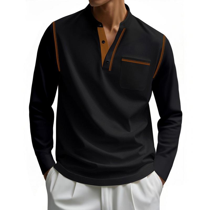 Jesienny Męski T-shirt z Długim Rękawem Koszulka Henley Blok Kolorów Hurt