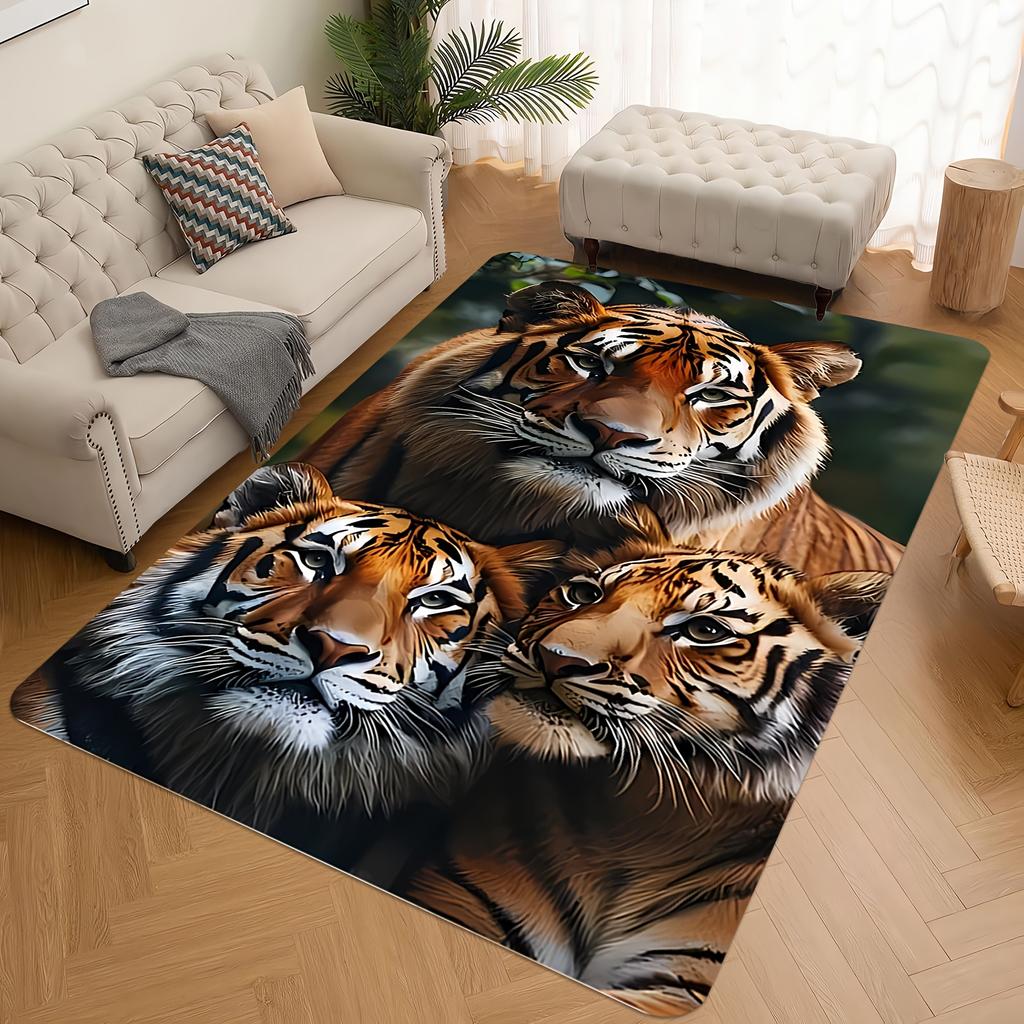 1pc 2D Flat Tiger Family Portrait Realistic Animal Flannel Area Rug Non Slip Wildlife Carpet For Living Room Bedroom Floor Decor